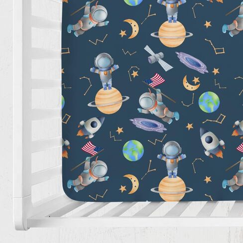 Cartoon Outer Space Galaxy Ship Astronaut Baby Crib Sheets 52''x28'' Cute Spaceman Moon Stars Stretchy Fitted Crib Mattress Sheet for Boy Girl Soft Bed Sheets for Standard Crib and Toddler Mattress in Saudi Arabia