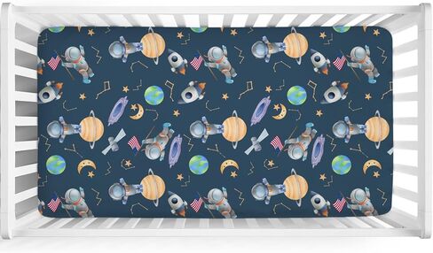 Cartoon Outer Space Galaxy Ship Astronaut Baby Crib Sheets 52''x28'' Cute Spaceman Moon Stars Stretchy Fitted Crib Mattress Sheet for Boy Girl Soft Bed Sheets for Standard Crib and Toddler Mattress in Saudi Arabia