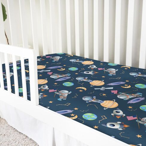 Cartoon Outer Space Galaxy Ship Astronaut Baby Crib Sheets 52''x28'' Cute Spaceman Moon Stars Stretchy Fitted Crib Mattress Sheet for Boy Girl Soft Bed Sheets for Standard Crib and Toddler Mattress in Saudi Arabia