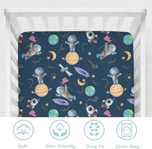 Cartoon Outer Space Galaxy Ship Astronaut Baby Crib Sheets 52''x28'' Cute Spaceman Moon Stars Stretchy Fitted Crib Mattress Sheet for Boy Girl Soft Bed Sheets for Standard Crib and Toddler Mattress in Saudi Arabia