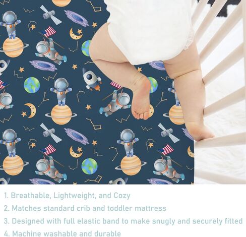 Cartoon Outer Space Galaxy Ship Astronaut Baby Crib Sheets 52''x28'' Cute Spaceman Moon Stars Stretchy Fitted Crib Mattress Sheet for Boy Girl Soft Bed Sheets for Standard Crib and Toddler Mattress in Saudi Arabia