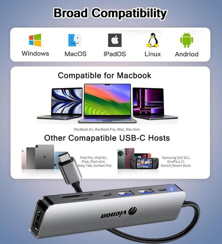 محول VIENON USB C إلى HDMI متعدد المنافذ، محور USB C، محول USB C إلى USB مع 4K HDMI+ USB 3.0 5 جيجابت في الثانية + 100 واط توصيل الطاقة، دونجل USB C لأجهزة iPhone 15، Samsung، MacBook، iPad pro، Chromebook، Dell، المزيد in Kuwait