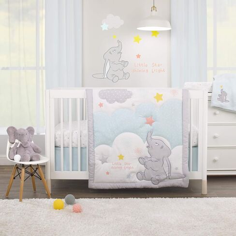 Disney Dumbo - Shine Bright Little Star Aqua, Grey, Yellow & Orange 3Piece Nursery Crib Bedding Set - Comforter, Fitted Crib Sheet, Dust Ruffle, Aqua, Grey, Yellow, Orange in Saudi Arabia