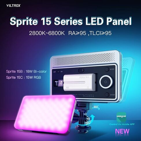 لوحة إضاءة فيديو LED، VILTROX Sprite15C RGB لوحة إضاءة تصوير فيديو محمولة على الكاميرا قابلة للتعتيم لكاميرا الفيديو DSLR مع بطارية وكابل من النوع C، سطوع عالي، لون RGB كامل 360 درجة و2800-6800K in Saudi Arabia