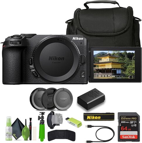 كاميرا Nikon Z30 خفيفة الوزن بدون مرآة + حقيبة ناعمة + طقم تنظيف + محفظة بطاقة ذاكرة + بطاقة Extreme PRO سعة 64 جيجابايت + قارئ بطاقات + حزام يد + حامل ثلاثي مرن مقاس 12 بوصة in Saudi Arabia