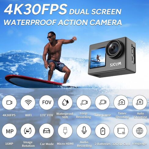 SJCAM Upgraded SJ4000 Action Camera Dual Screen 4K30FPS Ultra HD Underwater Camera Waterproof 170° Wide-Angle WiFi Helmet Camera with 2 Batteries and Accessories for Motorcycle Vlog in Saudi Arabia