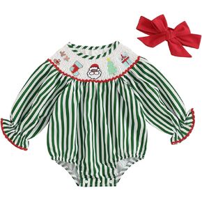 Omkzanbi Baby Girl Christmas Smocked Santa Bubble Romper Retro Striped Bodysuit Bow 2Pcs Cute 1st Xmas Gift Going Home Photos