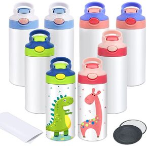 Sublimation Kids Sippy Cup, 12oz Stainless Steel Insulated Toddler Water Bottle with Leak-Proof Straw Lid and Handle, Children Sublimation Blanks Tumbler Cups with Shrink Films(8 Pack)