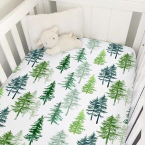 Watercolor Green Woodland Baby Crib Sheet 52''x28'' Pine Trees Snug Fitted Crib Mattress Cover for Boy Girl Winter Forest Soft Baby Bed Sheet for Standard Crib and Toddler Mattresses