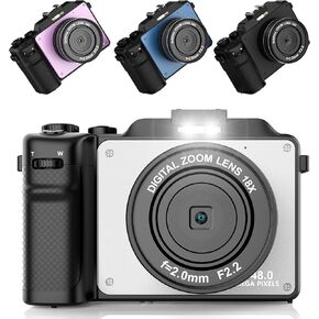 Digital Camera for Photography, 4K Vlog Camera with 4 Changeable Colors, Dual Cam Front and Rear, 7 Color Filters, 140°Wide Angle, 18X Zoom, 64G TF Card & Hand Strap