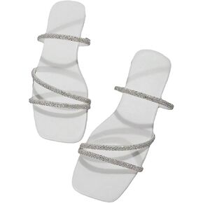 GORGLITTER Women's Rhinestone Flat Sandals Strappy Slip on Open Toe Slide Sandals