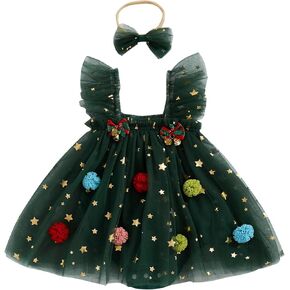 Baby Girl Christmas Tree Romper Dress Ruffle Pompom Sequin Tulle Tutu Dress Bodysuit Xmas Gift Cake Smash Photoshoot