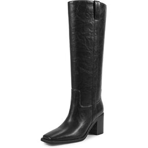 ISNOM Knee High Boots for Women, Chunky Boots with Square Toe, Mid Heel, Pull On Tall Riding Boots for Work Date Dress Party Club Shoes