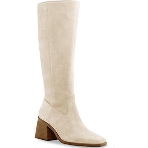 Coutgo Women's Knee High Boots Wide Calf Square Toe Chunky Heeled Pull-on Boot