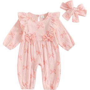 KMBANGI Newborn Baby Girl Fall Clothes Puff Sleeve Cotton Linen Ruffle Bow Print Jumpsuit Romper Infant One Piece Outfits
