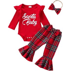 My First Christmas Baby Girl Outfit Letter Print Long Sleeve Romper Plaid Bell Bottoms Set Winter Clothes