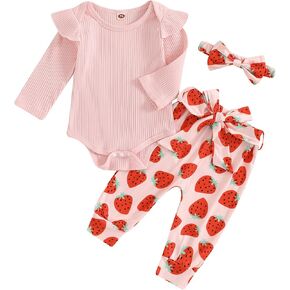 Tiaham Baby Girl Clothes Cute Outfits Fruit Floral Long Sleeve Romper Tops Pant Newborn Bodysuit Fall Winter Outfit