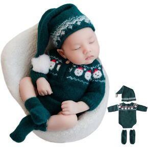 Zeroest Newborn Photography Outfits Props Christmas Baby Photoshoot Boy Girl Photo Knit Eif Onesie Hat Socks Xmas Green Set