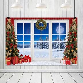 10x8ft Christmas Backdrop Red Wall White Window Snowflake Pine Background Xmas Tree Family Party Photo Background New Year Party Decoration