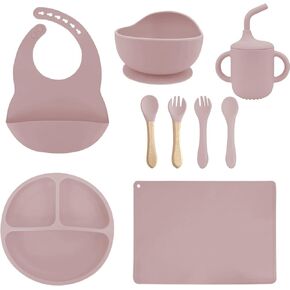 Silicone Baby Feeding Set, Baby Plates and Bowls Set, 9 Pcs Baby Led Weaning Supplies, Includes Suction Cup Plate, Bowl, Adjustable Bib, Sippy Cup, Fork, Spoon, Baby Utensils 6+ Months (Blue)