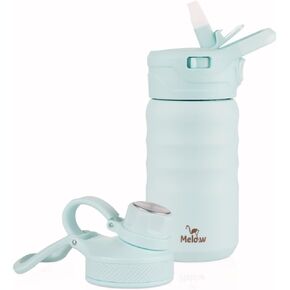 MELOW 12 oz Kids Water Bottle, Stainless Steel Insulated with Straw and Chug Lid, 2 Lids, Leak-Proof, Easy to Clean, Perfect for School, Camp, Water, Milk, Juice (Pink)