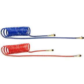 15' RED AND BLUE COIL COILED AIR LINE HOSE SET - TRAILER BRAKE - 1/2" Fittings