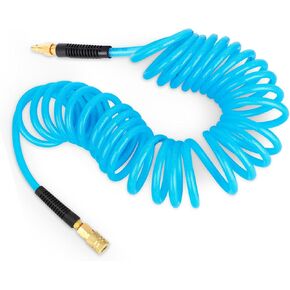 Polyurethane Recoil Air Hose, 1/4"x 25 Ft Flexible Air Compressor Hose With Bend Restrictors and1/4" Npt Universal Quick Coupler, Plug I/M (Blue)