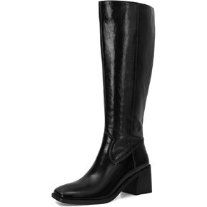 Women's Knee High Boots Leather Boots with Zipper Square Toe Chunky Heeled Tall Boots Wide Calf High Block Heel Long Boots