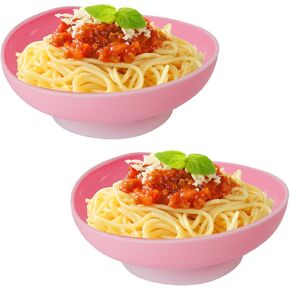 2 Pcs Spill Proof Scoop Plate with Non Skid Suction Base Elder Round Scoop Dish Self Feeding Dinnerware for Disabled Handicapped Elderly Adults Parkinsons Dementia Stroke Tremors (Pink)