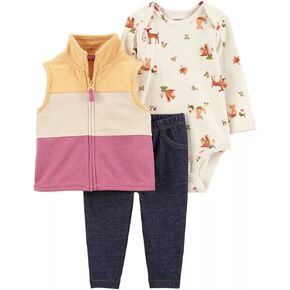 Carter's Baby Girls' 3 Piece Vest Little Jacket Set (Colorblock Woodland, 12 Months)