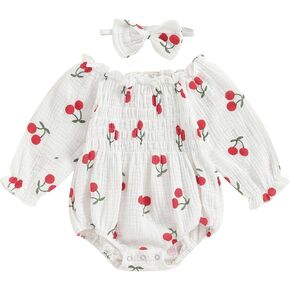 بدلة رومبير للفتيات الصغيرات من القطن والكتان بأكمام طويلة مع عصابة رأس (كرزي، 0-3 أشهر) in Kuwait