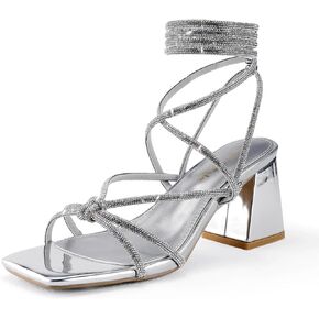 Shoe'N Tale Lace Up Heels for Women Ankle Strappy Gladiator High Heeled Sandals Chunky Block Heel Square Open Toe Criss Cross Dress Shoes