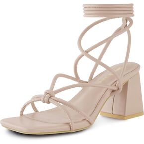 Shoe'N Tale Lace Up Heels for Women Ankle Strappy Gladiator High Heeled Sandals Chunky Block Heel Square Open Toe Criss Cross Dress Shoes