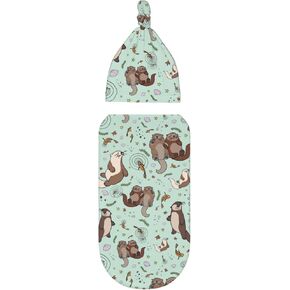 Cute Sea Otters Newborn Swaddle Blankets Beanie Hat Sets, Soft Otter Baby Stuff Blanket Swaddle Sack for Baby Shower Infant Boy and Girl Gift