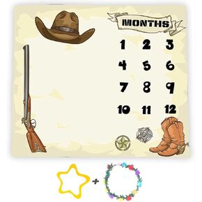 Cowboy Theme Baby Monthly Milestone Blanket, 48x40in Soft Flannel, Gun Boots Hats Nursery Blanket for Newborn Mom Gifts, Baby Shower Age Growth Tracker with Bonus Maker BTZYFS17
