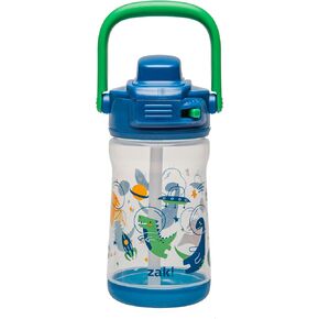 Zak Designs Kid Water Bottle for Travel or At Home, 12oz Plastic is Durable and Leak-Proof with Liquid Lock Spout, Cover, Carry Handle, Protective Base (Dinosaur)