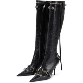 Oiamenne Knee High Boots for Women Fashion Slide Zipper Pointed Toe Stiletto Studded High Heel Rivets Tassel Boots Party Dress Shoes
