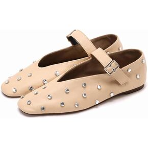 Goolita Sparkly Rhinestone Flats for Women, Square Toe Low Heel Studded Balle Flats Shoes Comfortable Buckle Strap Mary Jane Shoes