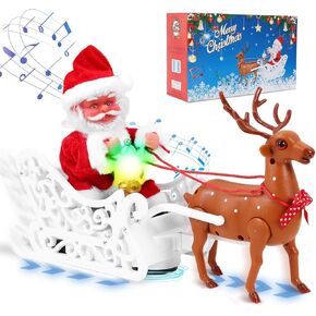 Electric Santa and Reindeer Sleigh Toys,Singing and Dancing with Jingle Bell Rock,Christmas Decor with Music and Lights,Fun Gift