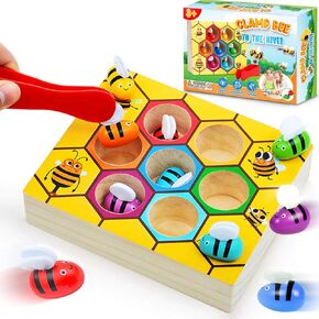 CozyBomB™ Clamp Bee to Hive Matching Game Toddler Fine Motor Skill Toy Montessori Toy Wooden Color Sorting Preschool Learning Educational Gifts Toys for 2 3 4 Years Old Birthdays Christmas Holidays