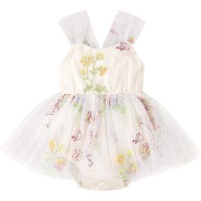ODASDO Infant Baby Girl Romper Dress Flower Embroidery Tutu Princess One-Piece Bodysuit Cake Smash Outfit Photo Shoot