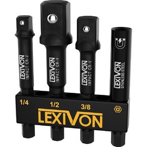 LEXIVON Impact Socket Adapter & Magnetic Bit Holder Set | 4 Pieces of 1/4-Inch Hex Shank Extension to 1/4", 3/8", and 1/2" Drive | Includes Organizer Rack (LX-104)