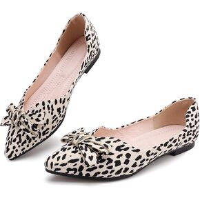 Pointed end Women Flat Shoes Classic Leopard Print Flat Shoes with Bow Decoration, Casual and Comfortable Flat Shoes