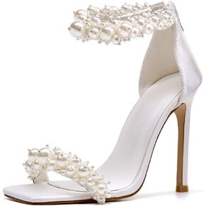 GOSERCE Women's Pearl Stiletto Heels Sandals Open Square Toe Pumps High Heels Ankle Back Zipper Satin Prom Wedding Party Dress for Women Heeled