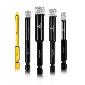 Diamond Drill Bits Set, 5 Piece Dry Diamond Hole Saw with Quick Change Hex Shank for Granite Ceramic Marble Tile Stone Glass Hard Materials (not for Wood) 1/4. 5/16. 3/8. 1/2 inch