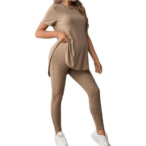 OYOANGLE Women's Maternity 2 Piece Ribbed Knit Lounge Set Short Sleeve T-shirt and Legging Pants Fall Outfits