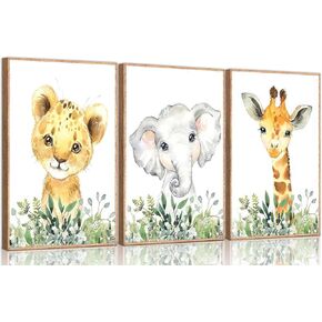3Pcs Safari Animal Nursery Canvas Wall art Cute Watercolor Jungle Elephant Giraffe Lion Kids Room Painting Pictures Wall Decor Posters Prints Artwork for Baby Boys and Girls Room Decoration