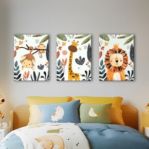 Safari Nursery Wall Decor Cute Animals Canvas Wall Art 3Pcs Framed Prints Picture Boy Girl Kids Room Decor Monkey Lion Giraffe Poster for School Toddler Room Baby Room Children's Bedroom 16" x 24"