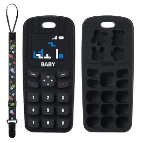 Silicone Baby Teething Toys, Cell Phone Teether Toys with Pacifier Clip, Baby Teething Toys for 0-12 Months, Baby Phone Chew Toys BPA Free/Freezable/Dishwasher and Refrigerator Safe(Black)