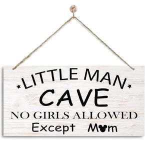 Little Man Cave Sign, Farmhouse Wall Decor, Decorative Wall Plaque, Mouse Decor, Toddlers Kids Bedroom Decor, Baby Boy Nursery Door Sign, Funny Home Decor, No Girls Allowed Except Mom Sign